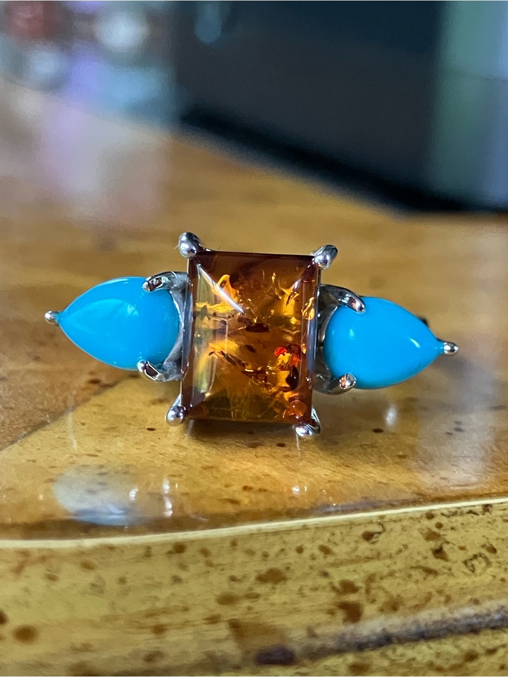 Baltic Amber Sleeping Beauty Turquoise Sterling Silver Ring Size 8.75